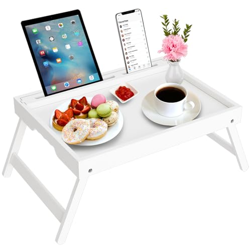 Artmeer Bamboo Bed Tray Table with Device Slot, Folding Legs, Large, White | FSC-certified bamboo bed tray with folding legs, device slot and handles for meals, laptops, reading and serving in bed. - color: White, size: Large