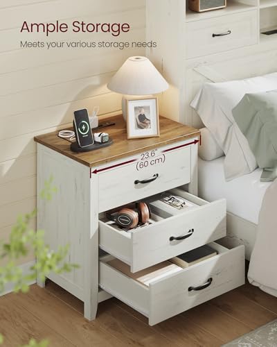 VASAGLE LIRY Collection - Farmhouse Nightstand with Charging Station, Bedside Table, Side End Table with 3 Drawers, for Bedroom, Rustic White and Honey Brown ULET679W01 - color: Rustic White + Honey Brown, size: 1 PACK, style: 23.6"W x 24.8"H With 3 Drawe