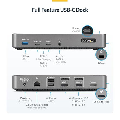 StarTech Universal USB-C Triple 4K Dock, MacBook Pro Air & Windows, HDMI DP | Windows macOS ChromeOS Ubuntu, Intel Apple Silicon AMD Snapdragon X, Single USB-C port, 100W laptop charging