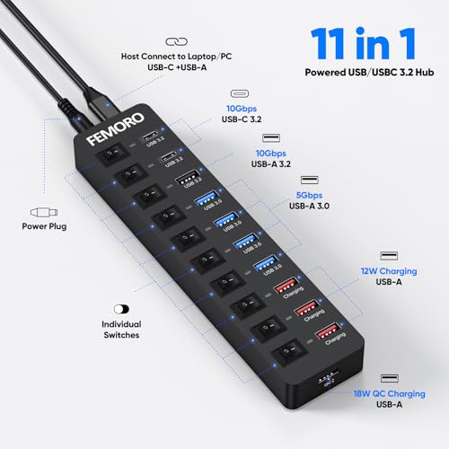 Powered USB C Hub 3.2 11-Port 48W, USB-C 3.2 (10Gbps)*2 + USB-A 3.2 (10Gbps)*1 + USB-A 3.0 (5Gbps)*4 + Power-only Port*4 with 12V/4A Power Adapter High Speed for Laptop PC Phone SSD HDD Flash Drive