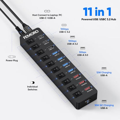 Powered USB C Hub 3.2 11-Port 48W, USB-C 3.2 (10Gbps)*2 + USB-A 3.2 (10Gbps)*1 + USB-A 3.0 (5Gbps)*4 + Power-only Port*4 with 12V/4A Power Adapter High Speed for Laptop PC Phone SSD HDD Flash Drive