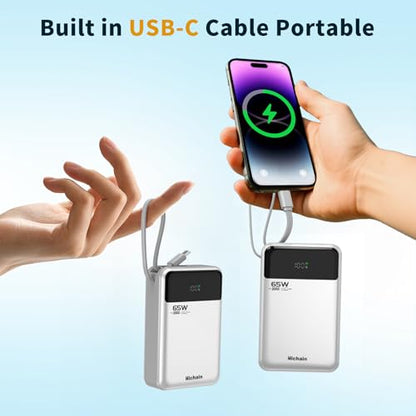 Hichain Laptop Power Bank 65W 20000mAh Portable Charger Silver | with Built-in USB-C Cable 3-Port Fast Charging Battery Pack for MacBook iPhone Series Android Switch Travel Essential - color: Silver