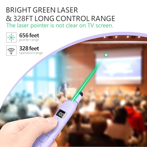N21 Bluetooth Presentation Clicker for PowerPoint with Retractable Pointer | ①Green laser ②Telescopic touch pen ③Countdown timer, vibration alert ④Customizable Button ⑤Rechargeable;battery level display - color: Purple - Green Pointer