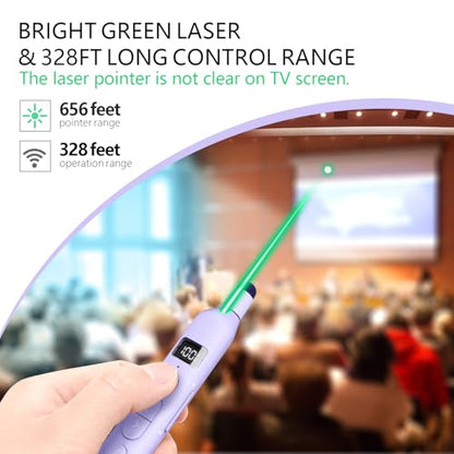 N21 Bluetooth Presentation Clicker for PowerPoint with Retractable Pointer | ①Green laser ②Telescopic touch pen ③Countdown timer, vibration alert ④Customizable Button ⑤Rechargeable;battery level display - color: Purple - Green Pointer