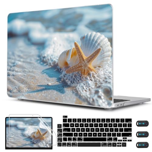 CISSOOK Compatible with MacBook Pro 13-inch Case 2025-2016 Release M2 M1 | 5in1 Set Plastic Hard Shell Protective Case A2338 A2251 A2289 A2159 A1706 with Keyboard Cover, Beach&Shell - color: Pro13inch-Beach&Shell