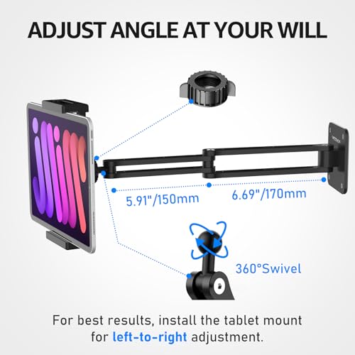 Dual Arm Tablet Wall Mount Ipad Holder, 4.7-13" | 360° Rotation Adjustable, Aluminum Extendable Arm, For iPad mini/Air/Pro/Galaxy Tab/Kindle, Kitchen Home Office - size: 2 Arm-Up to 13"