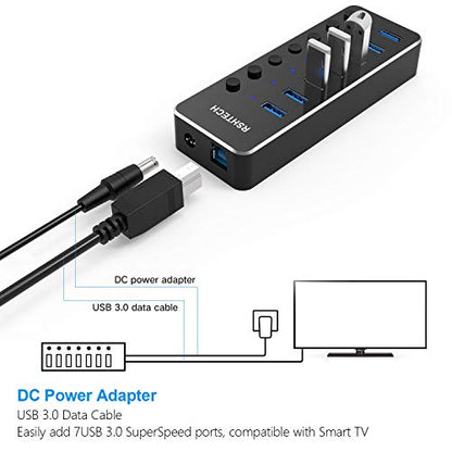 USB 3.0 Hub, RSHTECH 7 Port Powered USB Hub Expander Aluminum USB 3.0 Data Port hub with Universal 5V AC Adapter and Individual On/Off Switches USB Splitter for Laptop and PC(Black) (Pack of 2) - size: 518-2A (Pack of 2)