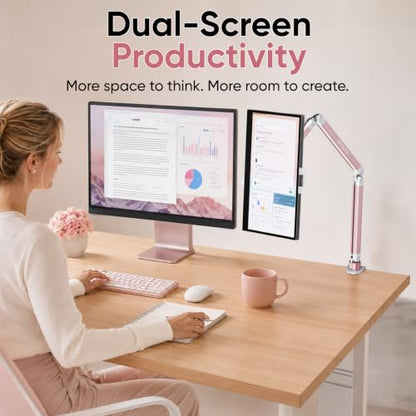 Portable Monitor Stand up to 18.5", iPad Stand for Desk, Pink | Aluminum Arm, Portable Monitor Holder 15.6", Adjustable Desktop Tablet Mount, Second Screens - size: 3 Arm Pro-Up to 18.5" Pink