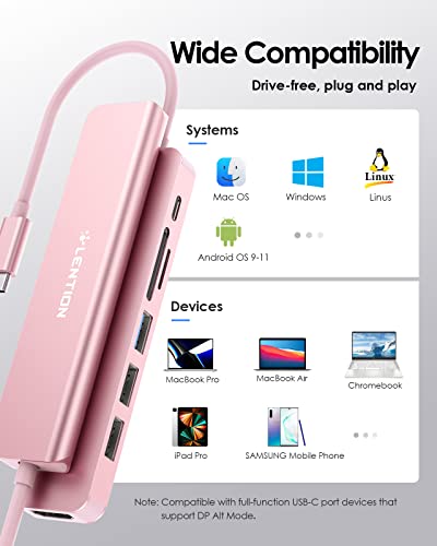 LENTION 7-in-1 USB C Hub, 4K@60Hz HDMI, 100W PD, Card Reader, USB 3.0 & 2.0 | Plug and Play, Stable Driver 3.0 Certified, for macOS, iOS/iPadOS, Windows & ChromeOS (CB-CE18, Rose Gold) - color: Rose Gold