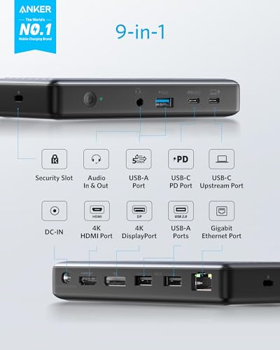 Anker USB-C Docking Station, PowerExpand 9-in-1 USB-C PD Dock for Laptops | 60W Charging for Laptop, 20W Charging for Peripherals, 4K HDMI and DisplayPort, 5Gbps Max Transfer, Ethernet, 3.5 mm Audio