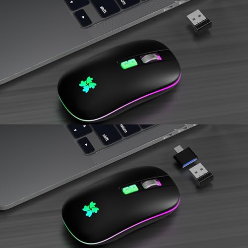 besky Wireless Rechargeable Mouse, Portable Silent Computer Mouse, Black | Backlit LED 2.4G USB Cordless Mouse with USB-C Adapter for Laptop, PC, MacBook, Chromebook, iPad & Tablet