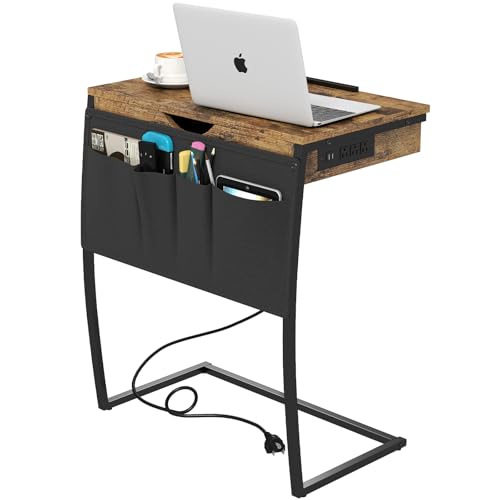 Hadulcet TV Tray Table for Eating on Couch, Tiltable 0-52°, Hidden Storage | Laptop Desk for Couch with Storage & Charging Station, TV Dinner Trays for Small Spaces, C Shaped End Table, Rustic Brown - size: 28.5"