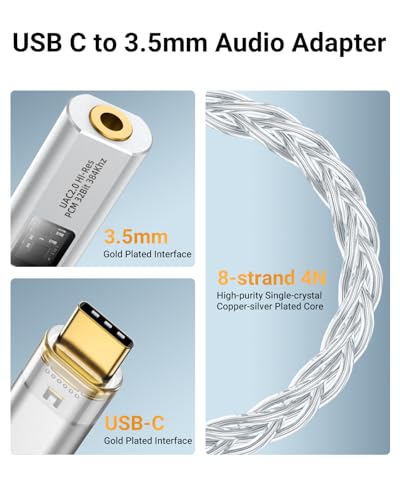 MoKo USB C to 3.5mm Jack Audio Adapter, Dual DAC Chip CX31993 & MAX97220 | Built-in HiFi Amplifier, 32bit/384KHz Hi-Res Certified, Supports In-line Control, For Android iPhone PC Mac Switch PS5,Silver - color: Silver