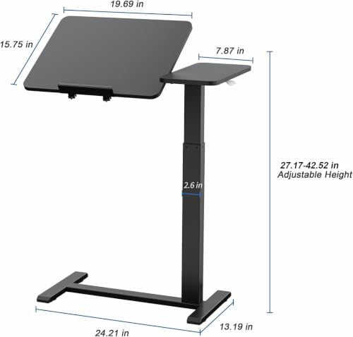 Ywin Medical Overbed Table with Wheels, Lift 27-43in, Black | Steel frame & wood top, 0-60° tilt, rolling casters, 66lb load, pneumatic adjustable height for Bed/hospital/couch/office - color: Black-1, size: 27.6" x 15.8"