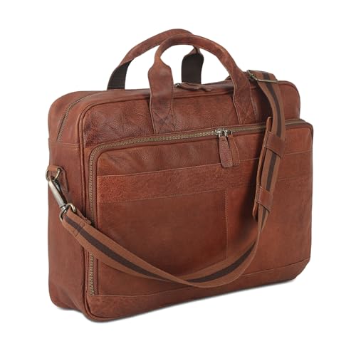 KomalC Leather briefcase 16 inch Laptop Messenger Bag for Men and Women Best Office Satchel Bag - color: Wash Tan