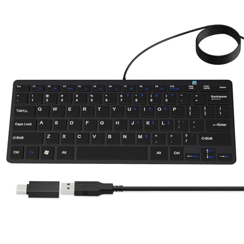 Ultra-Slim 78keys USB Mini Wired Keyboard with Media Hotkeys for Apple Mac Pro, MacBook 56Pro/ iMac, Air, Mac mini, Laptop Computers, Windows Desktop PC 11/10/8/7, with USB-A to C OTG Adapter, Black - color: Black, size: USB-A