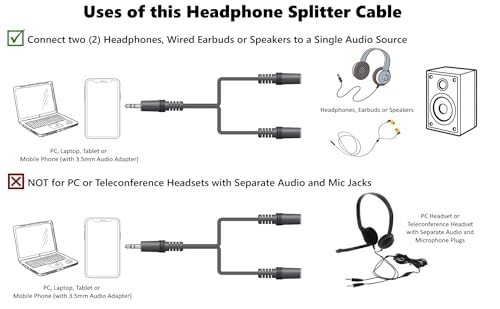 ienza Headphone Splitter for 2 Headphones/Aux Splitter 1 in 2 Out / 1 Audio Jack to 2 Speakers or Headphones (3.5mm TRS Male to 2 3.5mm TRS Female) | 3.5mm Headphone Jack Splitter for 2 Headphones Aux Cord 2-Way Dual / Double