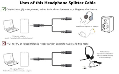 ienza Headphone Splitter for 2 Headphones/Aux Splitter 1 in 2 Out / 1 Audio Jack to 2 Speakers or Headphones (3.5mm TRS Male to 2 3.5mm TRS Female) | 3.5mm Headphone Jack Splitter for 2 Headphones Aux Cord 2-Way Dual / Double