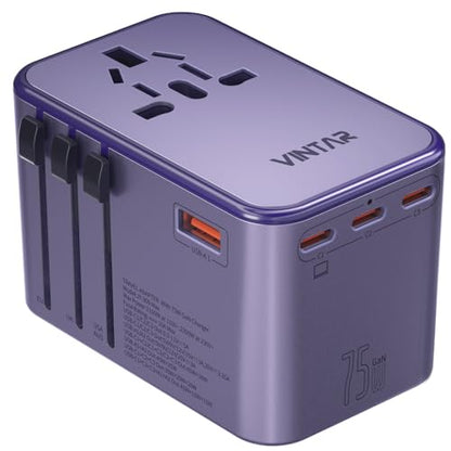 Universal Travel Adapter, VINTAR 75W GaN International Power Adapter with 3 USB C PD and 2 USB A QC, All in One Travel Essentials for UK/EU/USA/AUS, Travel Adapter Worldwide for Laptops Phones, Purple - color: 75W Purple
