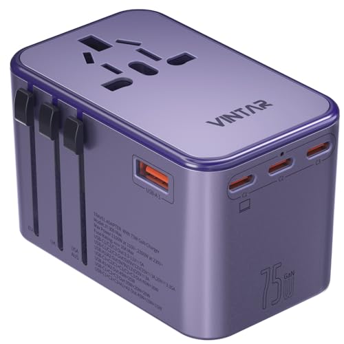 Universal Travel Adapter, VINTAR 75W GaN International Power Adapter with 3 USB C PD and 2 USB A QC, All in One Travel Essentials for UK/EU/USA/AUS, Travel Adapter Worldwide for Laptops Phones, Purple - color: 75W Purple