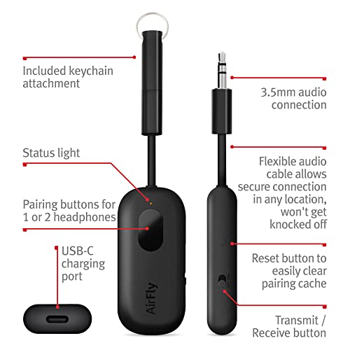 Twelve South AirFly Pro Bluetooth Wireless Audio Transmitter/Receiver for up to 2 AirPods/Wireless Headphones; Use with Any 3.5 mm Audio Jack, Black - color: Black, style: AirFly Pro