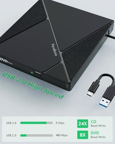 PeroBuno External CD DVD Drive, USB 3.0 Optical Disc Drive, 4 USB Ports and 2 TF/SD Card Slots, CD DVD Burner Writer Reader Player for Laptop MacBook iMac Desktop PC Windows 11/10/8/7/XP Linux Mac OS - color: Grid Black