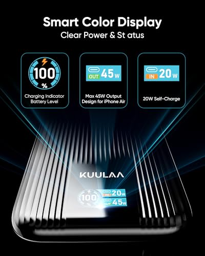 Kuulaa 45W Power Bank, 20000mAh Portable Charger with Built-in USB-C Cable, External Battery with Fast Charging, External Battery with Digital Display for iPhone 16/15 Pro Max, MacBook, Galaxy S25