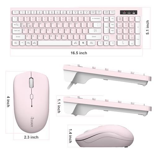 Wireless Keyboard and Mouse Combo, Reccazr 2.4G Full-Sized Keyboard and Mouse Cordless, 3 DPI Adjustable Mouse, Dual-System Keyboard for Computer/Laptop/Windows/Mac (Pink & White) | Silent 2.4G Full Size Cordless Keyboard with Tilt Legs,3-Level DPI Quiet