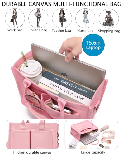 Canvas Tote Bag for Women,Women's Bags Crossbody Bags Work Laptop Tote Bag Large Handbags Purse for Travel Nurse Teacher - color: Pink With Compartments
