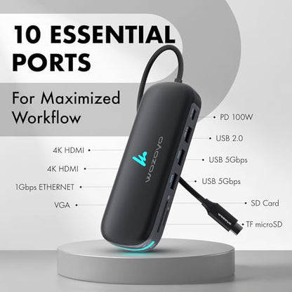 Type C 10 in 1 Wozoyo Docking Station with 2XUSB 5Gbps, Dual 4K HDMI, VGA, Gigabit Ethernet, USB 2.0, SD & TF, PD 100W, Compatible with Thunderbolt 4, macOS, Windows, Android & iOS - style: 10-in-1
