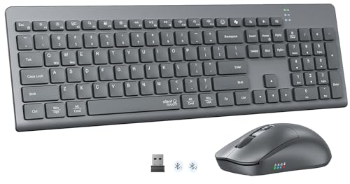 Wireless Keyboard and Mouse, 2.4GHz/Bluetooth Quiet Full Size Set, Gray | Dual-mode Bluetooth and 2.4GHz connection with a 3200 DPI adjustable mouse and extended battery life for daily use - color: Gray