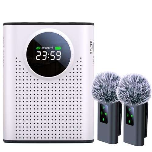 S67 Rechargeable Voice Amplifier Wireless Microphone Dual for Teachers Classroom, Mini Lavalier Lapel Mic Clip Magnetic, Bluetooth Speaker with LED Display for Class, Tour Guide, Coaches, White - color: White, size: Amplifier + 2 MICS