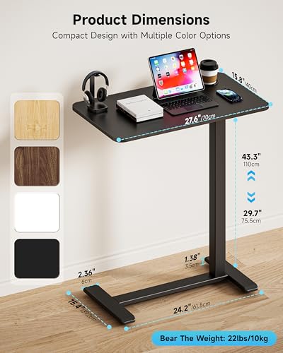 BIZUM Adjustable Bedside Table with Swivel Hidden Wheels Pneumatic Rolling Desk Mobile Standing Desk with Cup Holder for Hospital Home(27.6"x15.8" Black) - color: Black, size: 27.6"x15.8"