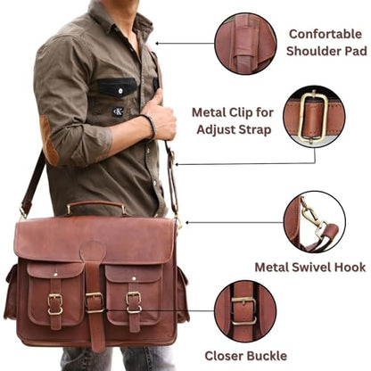 Genuine Leather Messenger Bag for Men & Women, Handmade Vintage Laptop Shoulder Bags with Adjustable Strap, Crossbody Briefcase for Office, College and Travel - 18 Inch, Brown