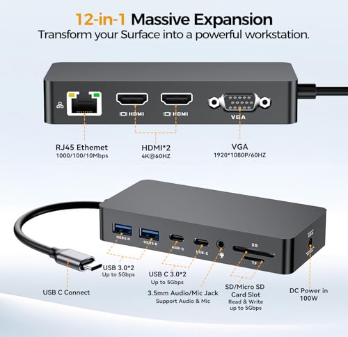 Surface Thunderbolt 4 Docking Station, 12-in-1 Surface Pro Dock Dual 4K@60Hz HDMI VGA Triple Monitor Adapter Compatible with Microsoft Surface Pro 13 12 11 10 9 8 7 X, Surface Laptop 7 6 5, Go, Book