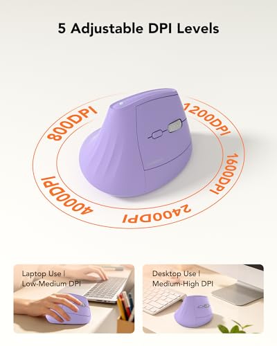 KYSONA Ergonomic Mouse Wireless, Bluetooth Vertical Mouse, 5-Level Adjustable DPI, 2.4G Silent Switch Mice for Windows, MacOS, IPadOS, Laptop, PC, Purple - color: Purple
