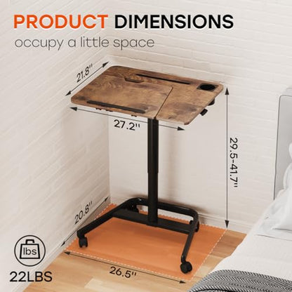 JOY worker Mobile Sit Stand Desk, 60° Tiltable Portable Desk, Rustic Brown | Pneumatic Height Adjustable Cart, Rolling Sit Stand Desk with Wheels & Cup Holder for Office Home School, Holds Up to 22lbs - color: Rustic Brown
