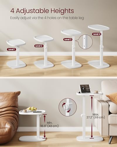 VASAGLE C Side Table Adjustable Height, Couch Sofa Table, End Table, TV Tray for Small Spaces, 11.8 x 15.7 x 27.2 Inches, for Living Room, Bedroom, Cloud White ULET363W101 - color: Cloud White