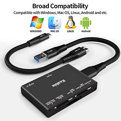 SD Card Reader 7 in 1, Kxable USB 3.0 Memory Card Reader/Writer 5Gbps, for SD/Micro SD/MS/CF/MMC/XD/SDHC/SDXC Camera Memory Card, Reader for Mac OS, Windows, Linux- with 2 USB A/C to Micro 3.0 Cables