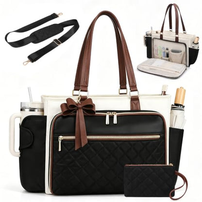 Veirdro Teacher Laptop Tote Bag for Women with Large Leakproof Cup Holder, Waterproof Work Tote Bags with Padded 15.6 in Laptop Compartment, Quilted Nurse Bag with Carrying Purse for Office, Black