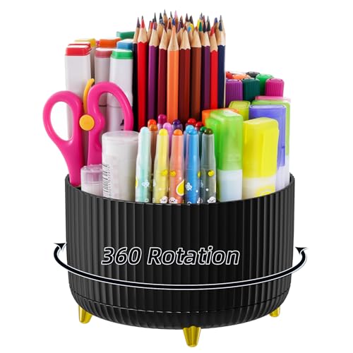 Marbrasse Desk Organizer, 360-Degree Rotating Pen Holder, Desk Organizers and Accessories with 5 Compartments Pencil Holder, Art Supply Storage Box Caddy for Office, Home (Black) - color: Black