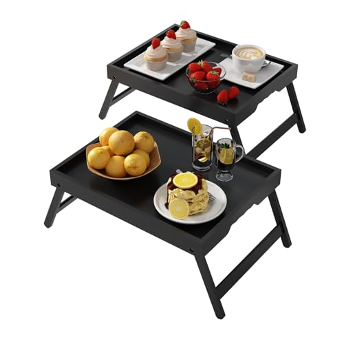 Youpehom Bamboo Bed Tray Tables with Folding Legs, Medium, 2-Pack, Black | Two bamboo bed trays with folding legs and handles for meals, laptops, reading and serving in bed or on a sofa. - color: Black-2 Pack, size: Medium