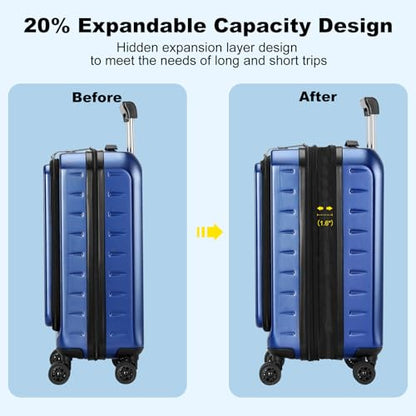 CENSIEN Expandable 20" Carry On Luggage Airline Approved with Front Pocket | Front Opening with Laptop Pocket,Lightweight ABS+PC Hard Shell Suitcases,360° Spinner Wheels,TSA Lock,YKK Zipper,Blue - color: Navy Blue, size: 20 Inch EXT