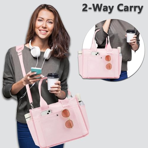 Fammart Large Canvas Tote Bag for Women with Zipper & Compartments, Crossbody Laptop Bags for Work College Travel - color: Pink
