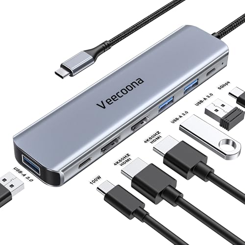 USB C to Dual HDMI Adapter, 7 in 1 Docking Station Dual Monitor, 3*USB-A Data Ports, 100W PD, HDMI Splitter Extended Display Laptop USB C Hub for MacBook, HP, Dell and More