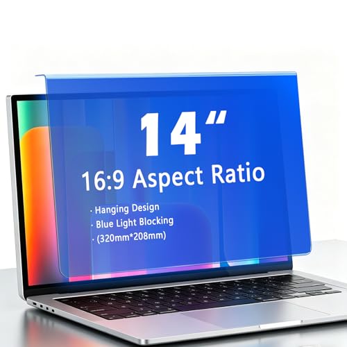 14 Inch Hanging Blue Light Blocking Screen Filter for Laptop, Removable Anti Glare Eye Protection, UV Protection, Fits 16:9 Widescreen Display, No Adhesive, Easy Install(1, 14" 16:09(320×208mm)) - size: 14" 16:09(320×208mm)