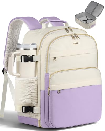 HOTOR Travel Backpack Women Flight Approved Carry on Bag | 15.6inch Laptop Computer Bag Flight Approved Personal Item Travel Bag for Work, Business, College - color: Light Purple and Beige, size: 13.0" x 7.9" x 17.3"