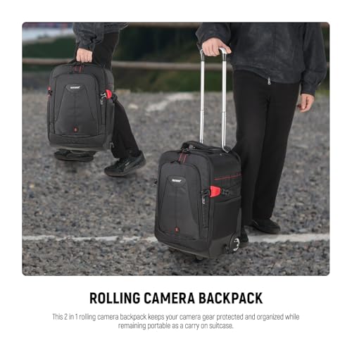 Neewer 2-in-1 Rolling Camera Backpack Trolley Case - Anti-shock Detachable Padded Compartment, Hidden Pull Bar, Durable, Waterproof for Camera,Tripod,Flash Light,Lens,Laptop for Air Travelling(Black) - style: Nw-da410t