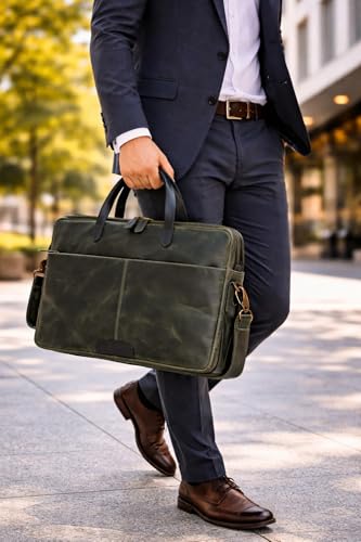 KomalC Leather Laptop Sleeve 15.5" with Trolley Strap, Fits up to 16" Laptop, Slim Office Bag with Shoulder Strap - color: Green