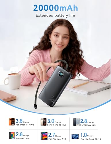 DIAMUAR Portable Charger 20000mAh 45W, Built in USB C Cable, 3W Flashlight | Fast Charging, Digital Display, 3 Ports, All-Day Power, Travel-Ready, for iPhone 17/16/15, Tablet, Laptop, Camping Essentials - color: Black